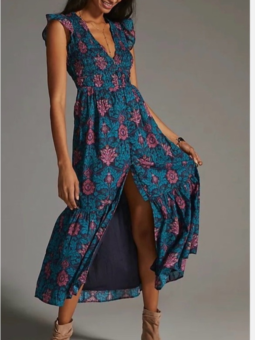 Anthropologie Teal Maxi Dress with Pink Floral Print